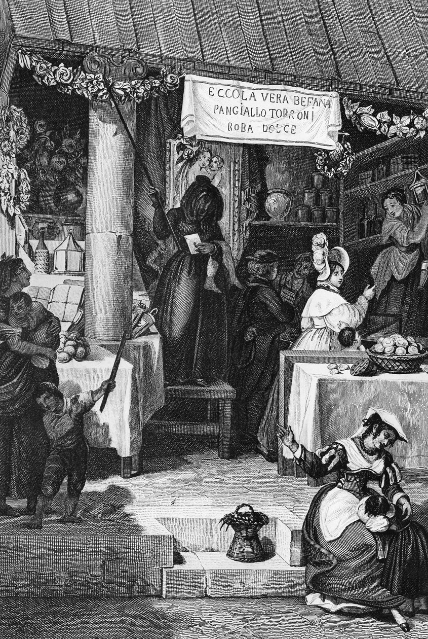 Befana (italienische Weihnachtshexe), Stand mit Süßigkeiten und Nougat auf der Piazza Navona während der Epiphanie, Rom, Gravur von Bartolomeo Pinelli von Bartolomeo Pinelli