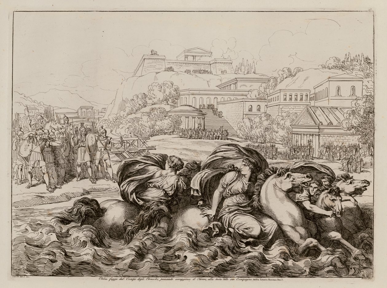 Cloelia überquert den Tiber nach der Flucht aus dem Lager der Etrusker von Bartolomeo Pinelli