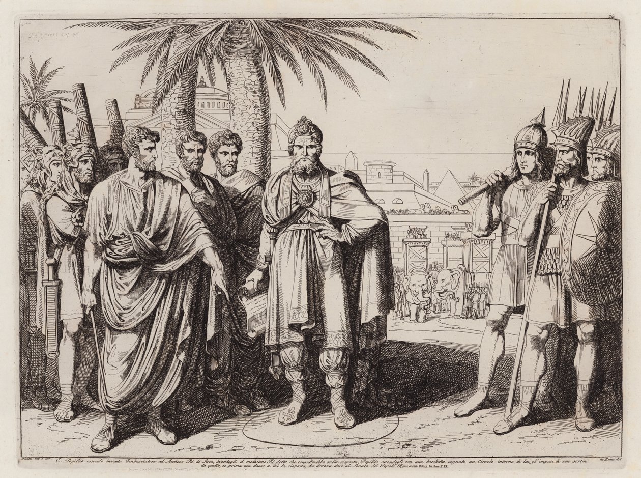 Gaius Popillius Laenas zieht einen Kreis im Sand um Antiochus IV Epiphanes von Bartolomeo Pinelli