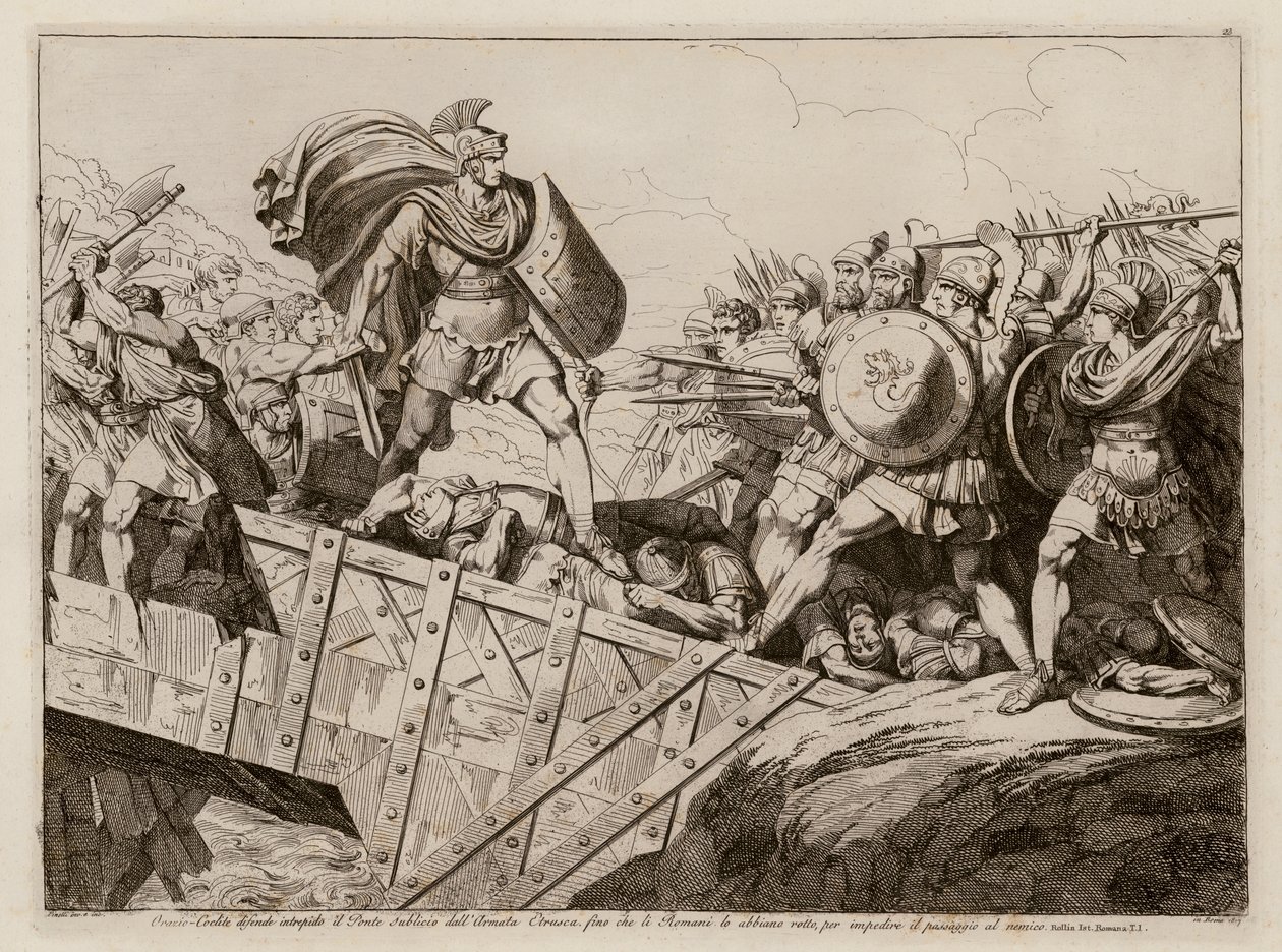 Horatius Cocles verteidigt die Pons Sublicius, 509 v. Chr. (Radierung) von Bartolomeo Pinelli