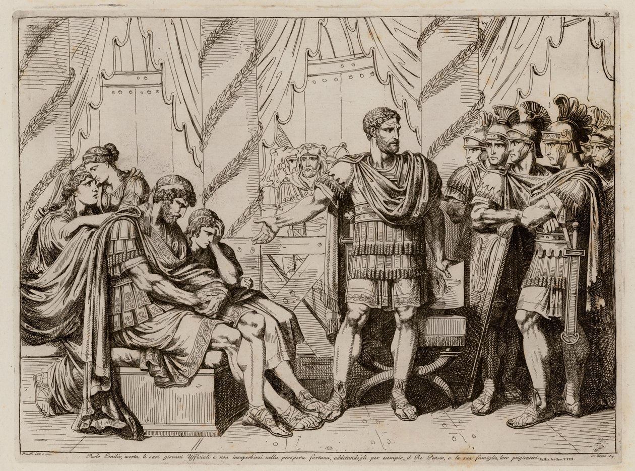Lucius Aemilius Paullus Macedonicus zeigt auf den besiegten König Perseus von Makedonien von Bartolomeo Pinelli