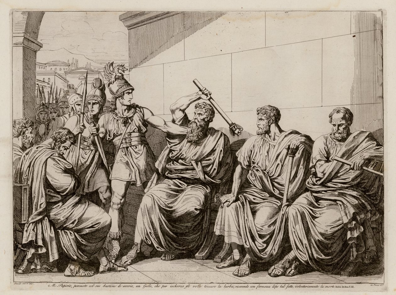 Marcus Papirius schlägt einen Gallier, der versucht, seinen Bart zu berühren, 387 v. Chr. von Bartolomeo Pinelli