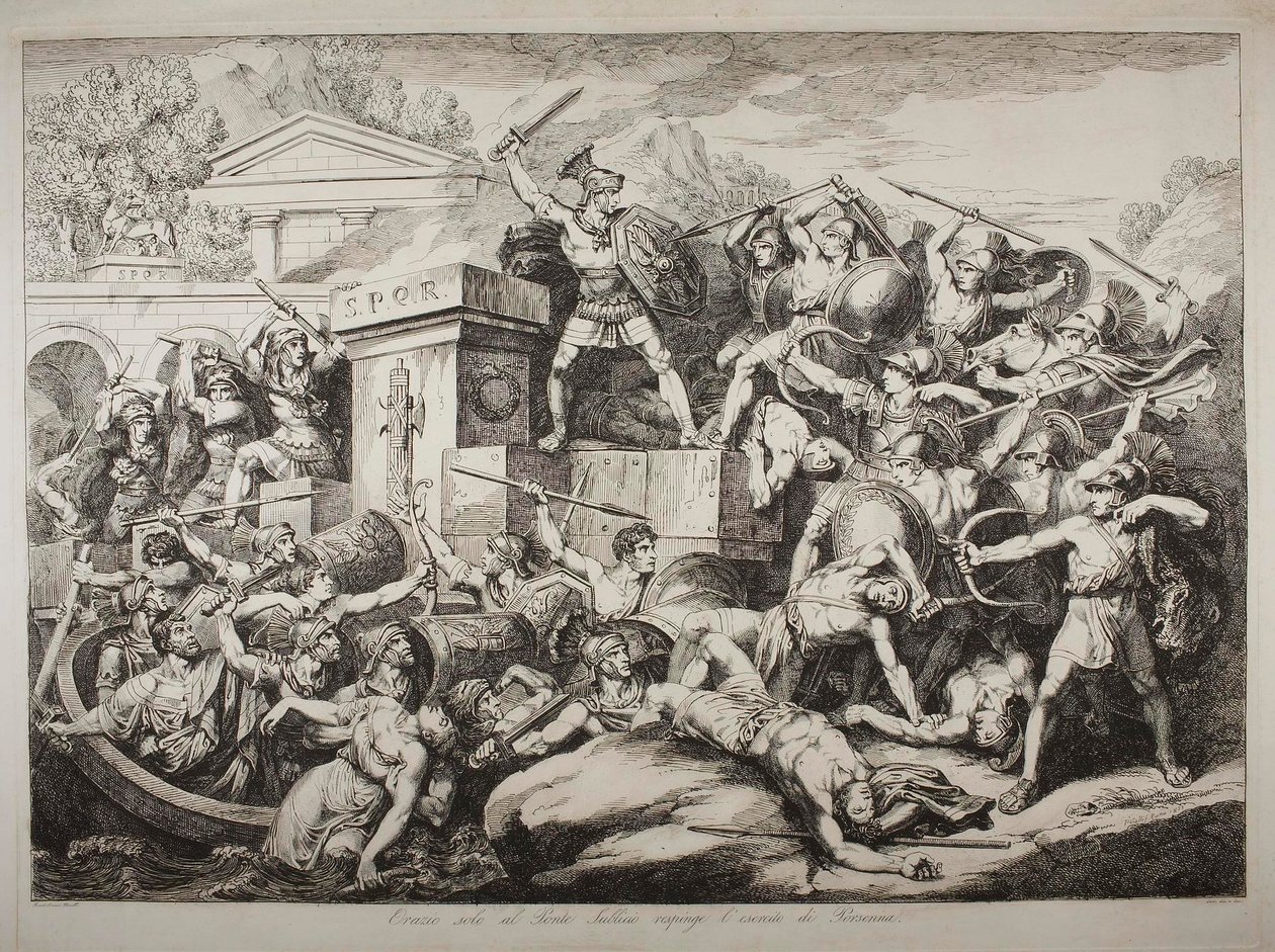 Orazio Coclite allein auf der Ponte Subico drängt Lars Porsenas Armee zurück von Bartolomeo Pinelli