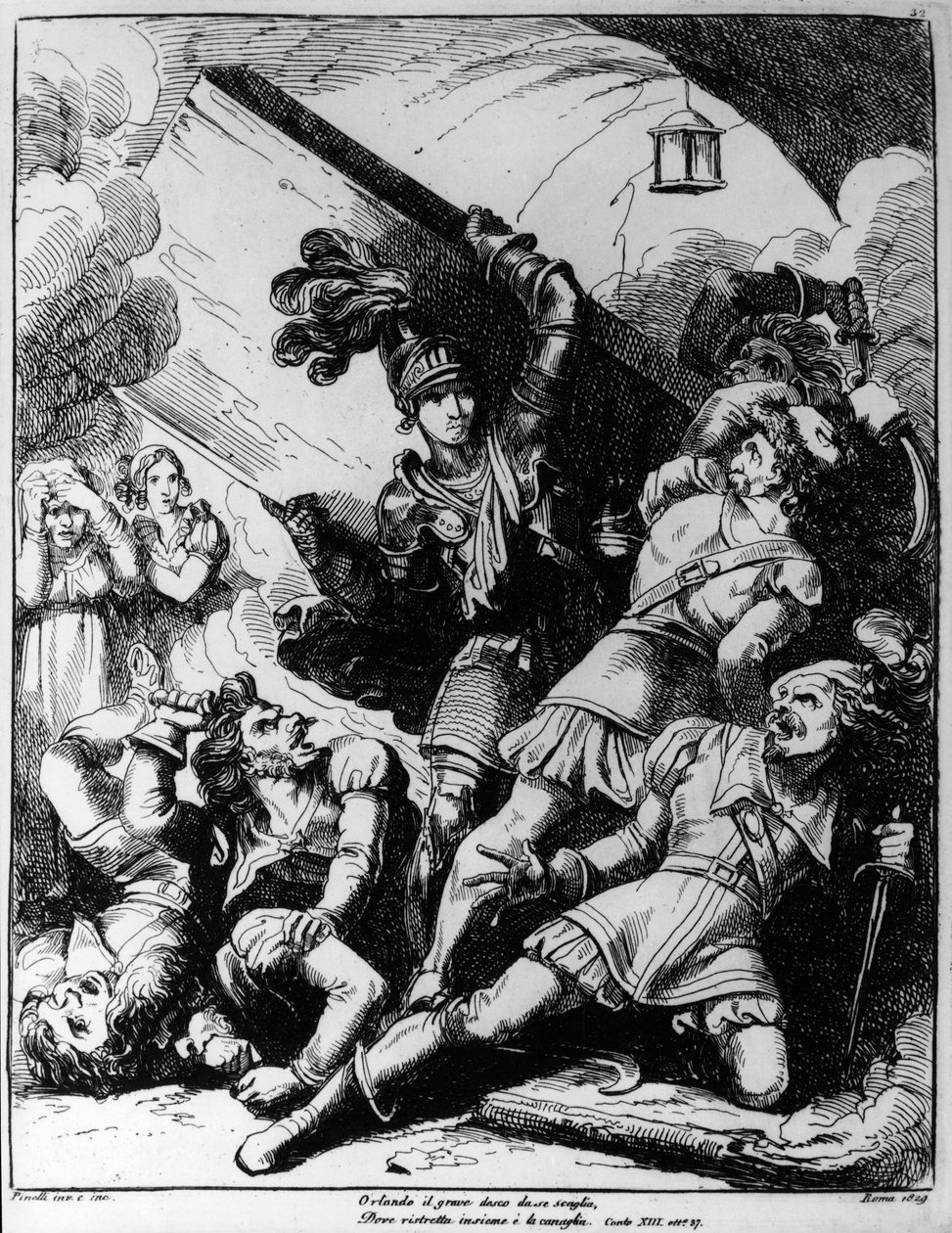 Orlando wirft ein Holzbrett gegen zwanzig bewaffnete Männer, Illustration für den XIII. Gesang von Orlando Furioso von Ludovico Ariosto (1474-1533) von Bartolomeo Pinelli
