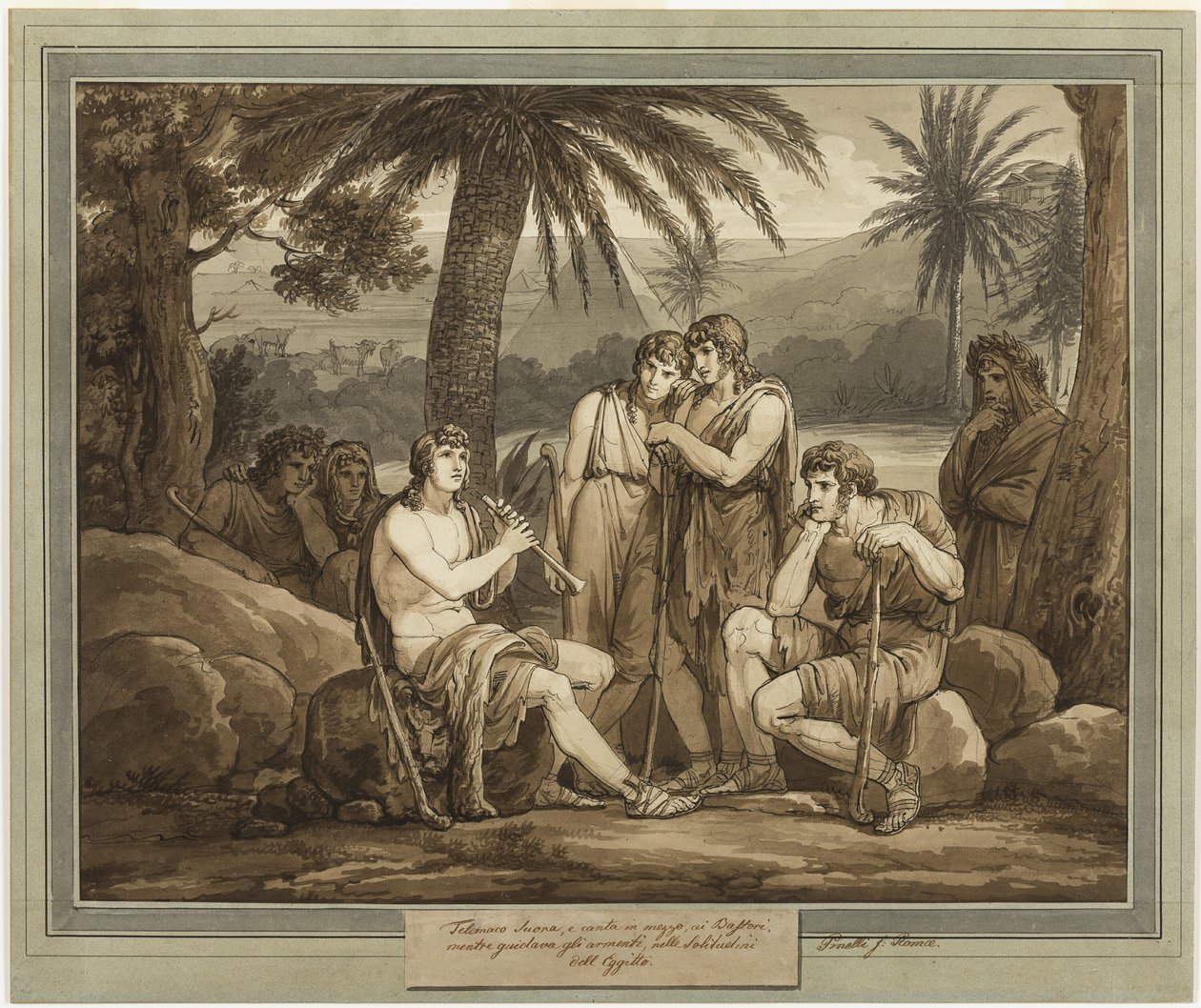 Telemachus spielt und singt für die Hirten in Ägypten, aus Die Abenteuer des Telemachus, Buch 2 von Bartolomeo Pinelli