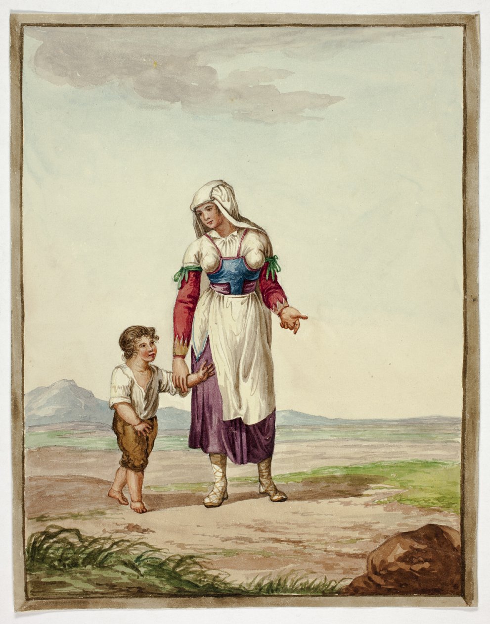 Frau in Tracht mit Junge auf der Straße von Bartolomeo Pinelli