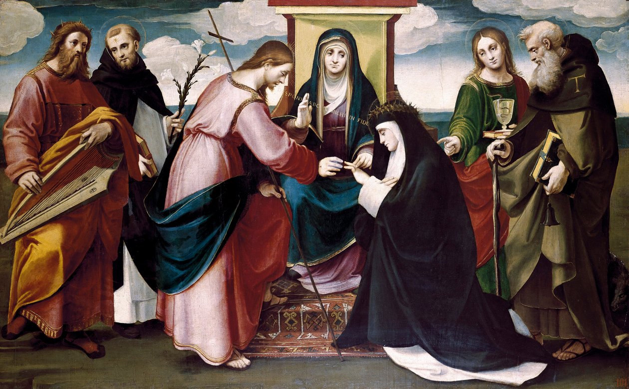 Die mystische Hochzeit der Heiligen Katharina von Siena mit Christus und den Heiligen Johannes der Täufer, Antonius Abt, Dominikus, König David und die Jungfrau Maria, ca. 1517 von Bartolomeo called Bagnacavallo Ramenghi
