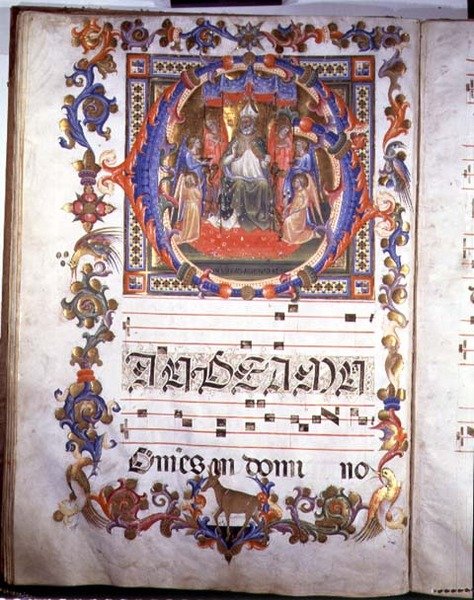 Seite mit Beleuchtung, die Aegidius (St. Giles) (gest. ca. 700) auf dem Thron und von Engeln umgeben darstellt, aus 