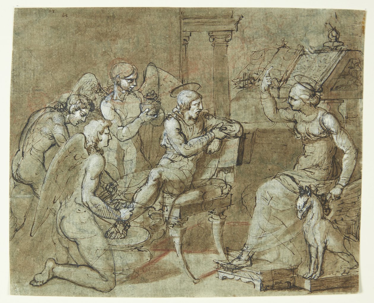 Ein männlicher Heiliger wird von Engeln gewaschen und gepflegt, während er einer weiblichen Heiligen zuhört, die vor einem Lesepult sitzt und nach oben zeigt. Der Hl. Sebastian bei der Hl. Irene? von Bartolommeo Letterini