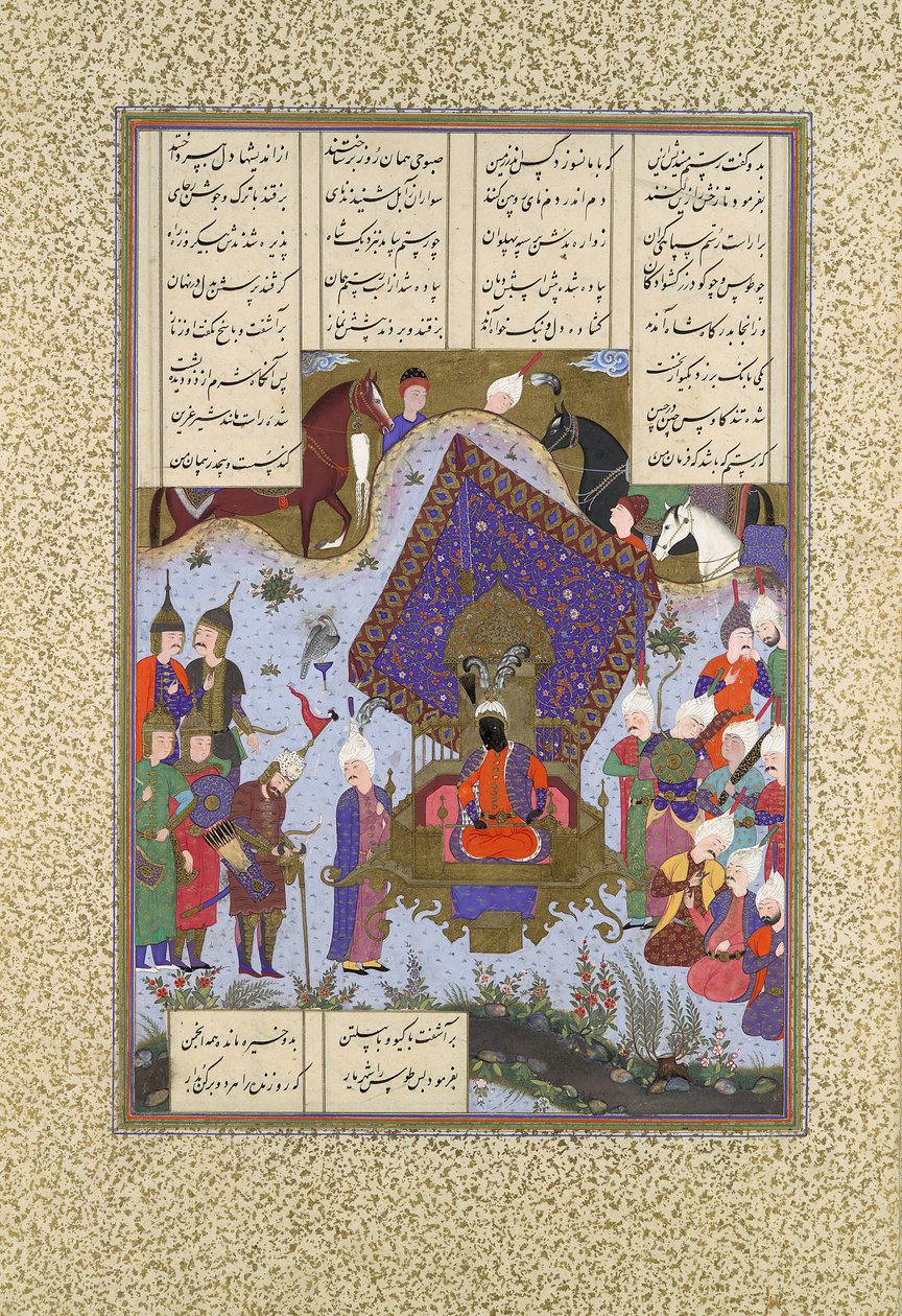 Rustam schmerzt vor Kai Kavus, Folio 146r aus dem Shahnama Buch der Könige..., ca. 1525-1530 von Bashdan Qara