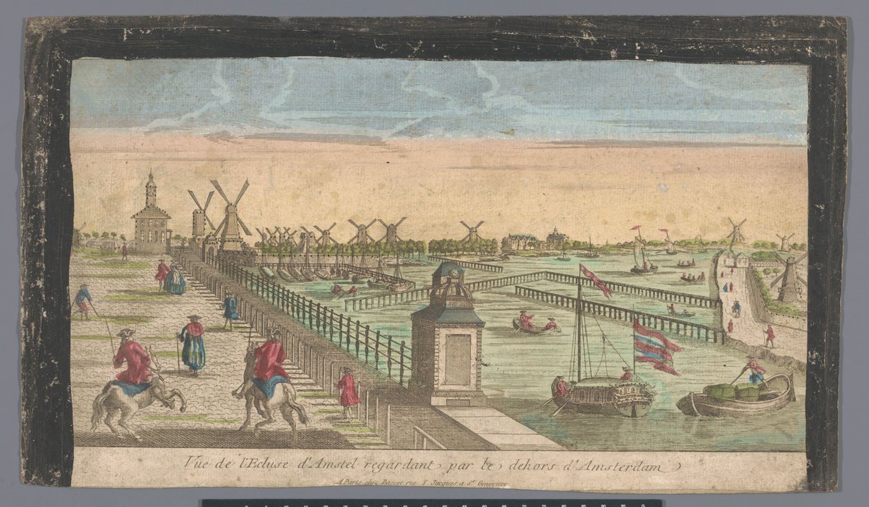 Ansicht der Hogesluis zur Außen-Amstel, dem Amsteldijk und den Mühlen am Zaagmolensloot in Amsterdam von Basset