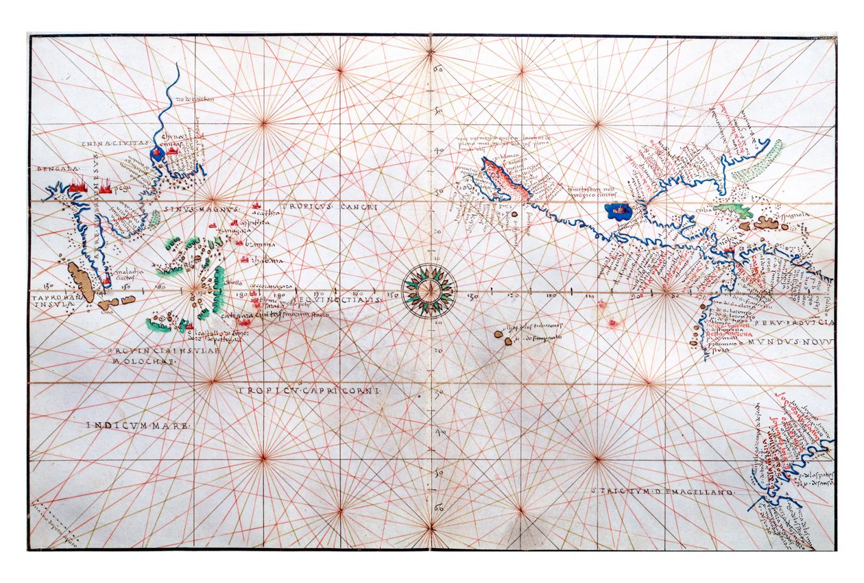 Navigationskarte zeigt China, Ceylon und die Philippinen sowie die Wendekreise des Krebses und des Steinbocks von Battista Agnese