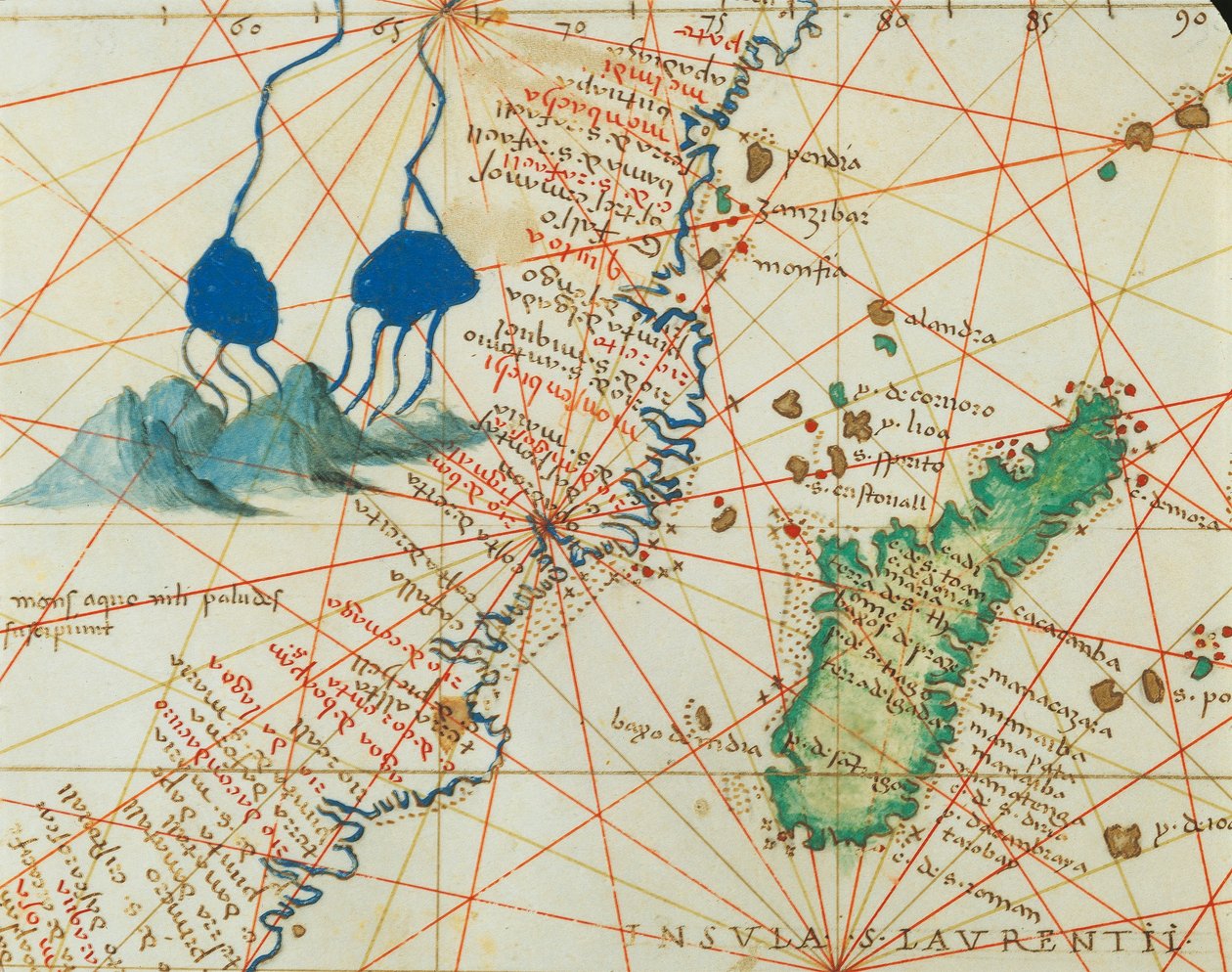 Indischer Ozean und Teile von Asien und Afrika: Quelle des Nils und Madagaskar, aus Atlas der Welt in dreiunddreißig Karten, von Battista Agnese von Battista Agnese