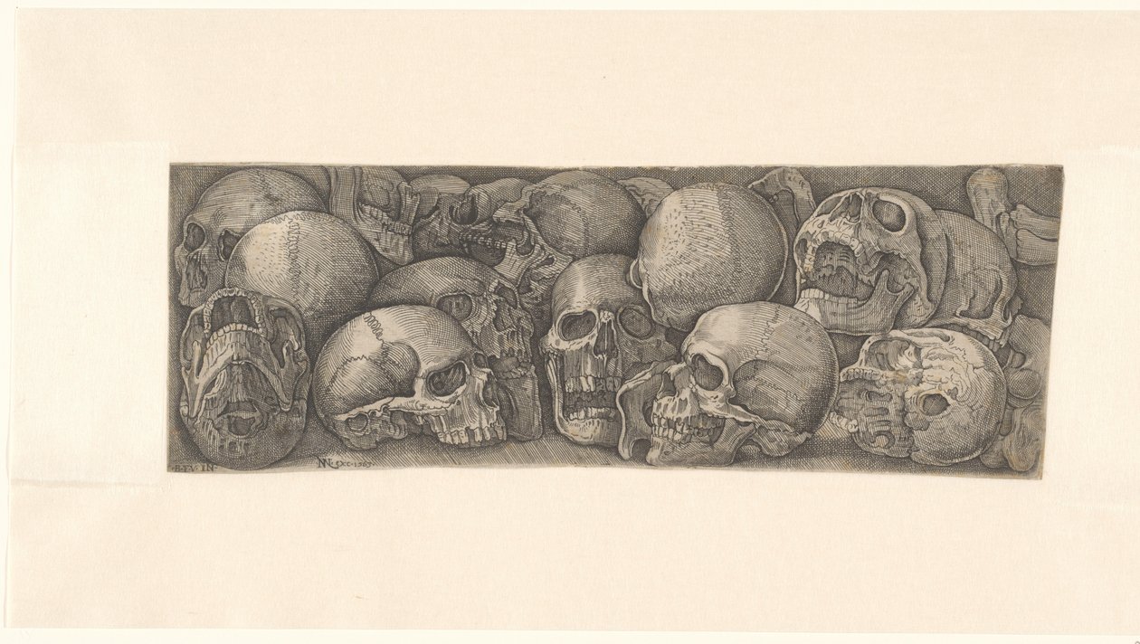 Menschliche Schädel, aus verschiedenen Blickwinkeln gesehen und als Fries gruppiert von Battista Franco (attributed to)
