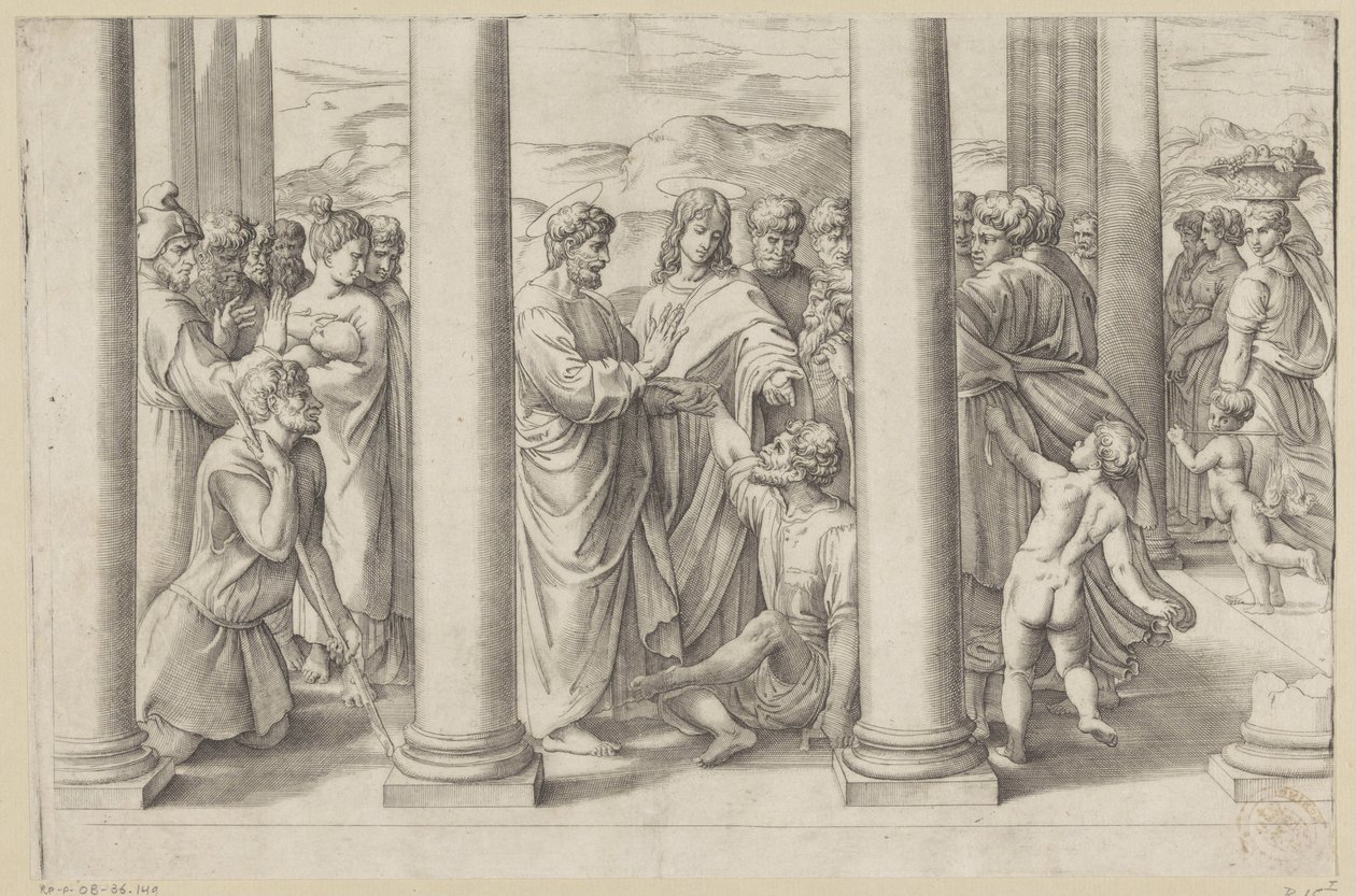 Der heilige Petrus und Johannes heilen einen Gelähmten in einem Tempel von Battista Franco