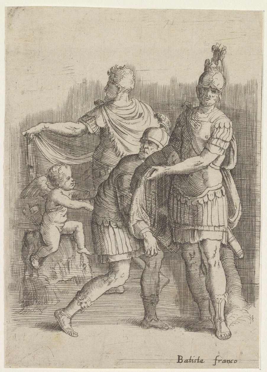 Drei Soldaten und ein Putto von Battista Franco