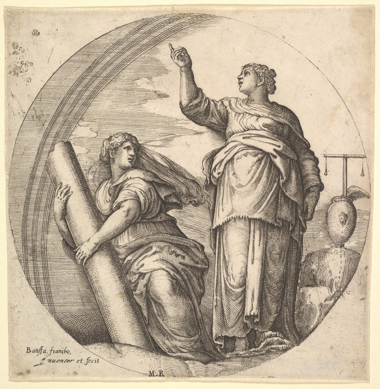 Stärke und Gerechtigkeit, eine allegorische Komposition im runden Format, ca. 1530-61 von Battista Franco Veneziano