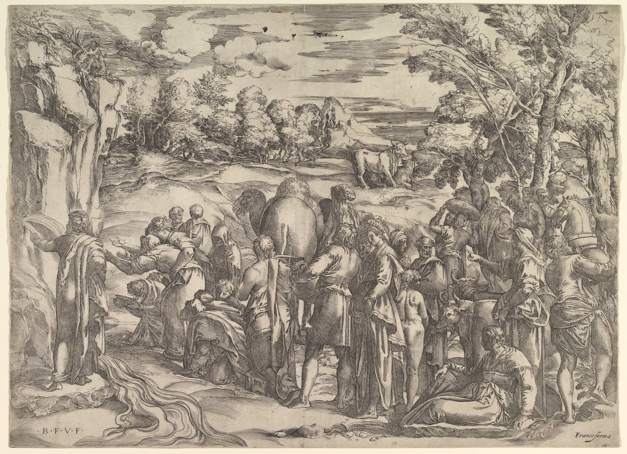 Moses schlägt Wasser aus dem Felsen, links mit fließendem Wasser, verschiedene Figuren, ca. 1552-61 von Battista Franco Veneziano