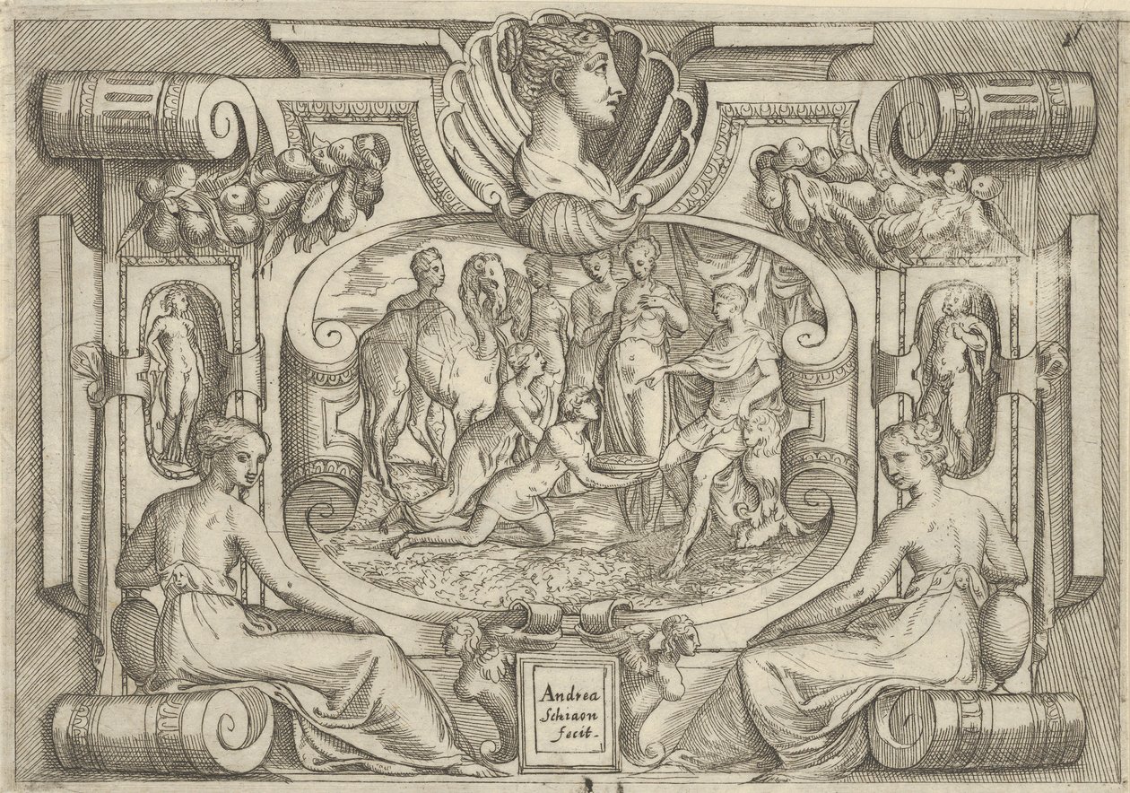 Ein Mann und eine Frau bieten einem König auf einem Thron eine Platte mit Münzen an von Battista del Moro