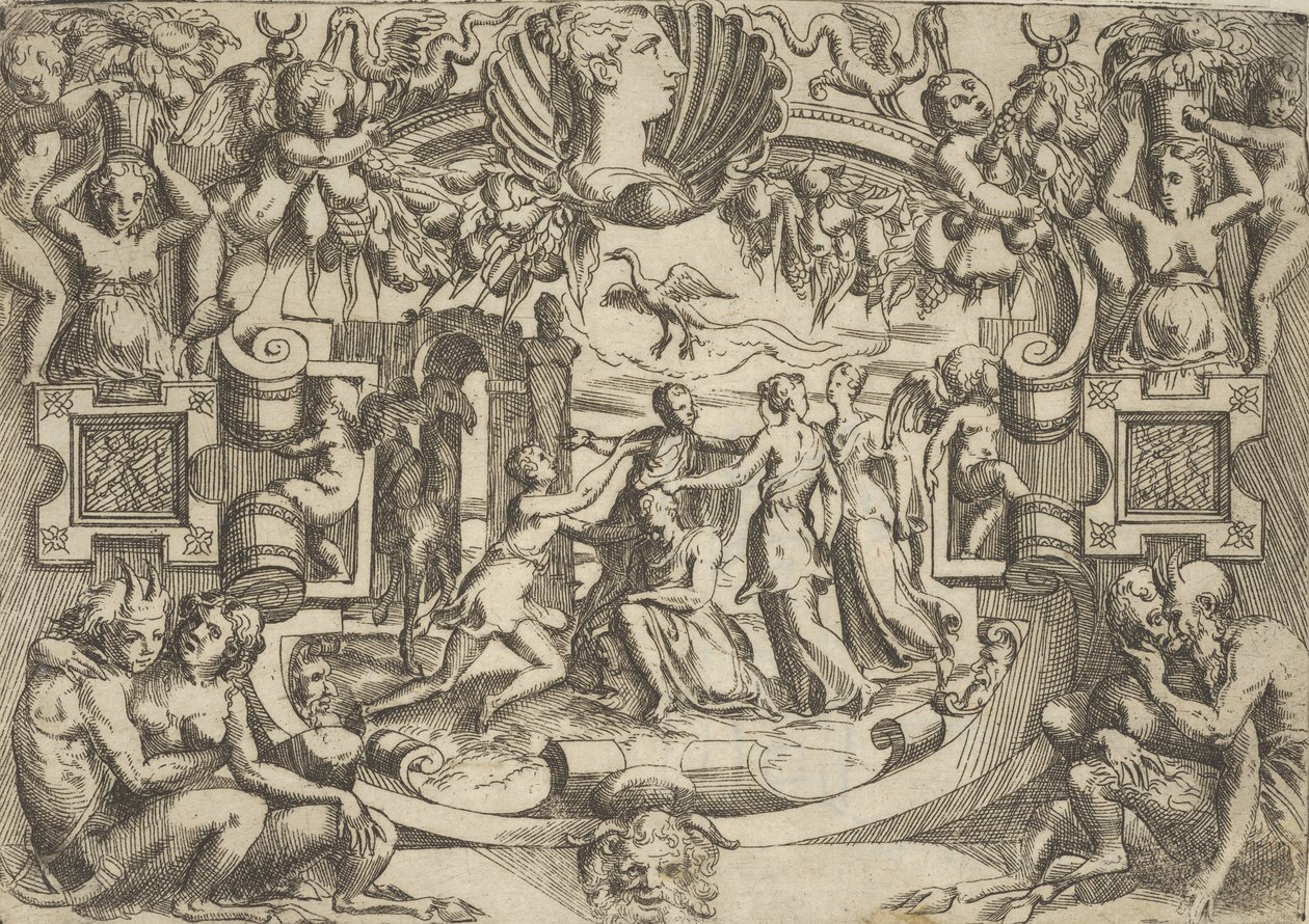 Vier Frauen umgeben eine sitzende Figur, ein Vogel über ihnen, in einem aufwendigen..., ca. 1540-80 von Battista del Moro