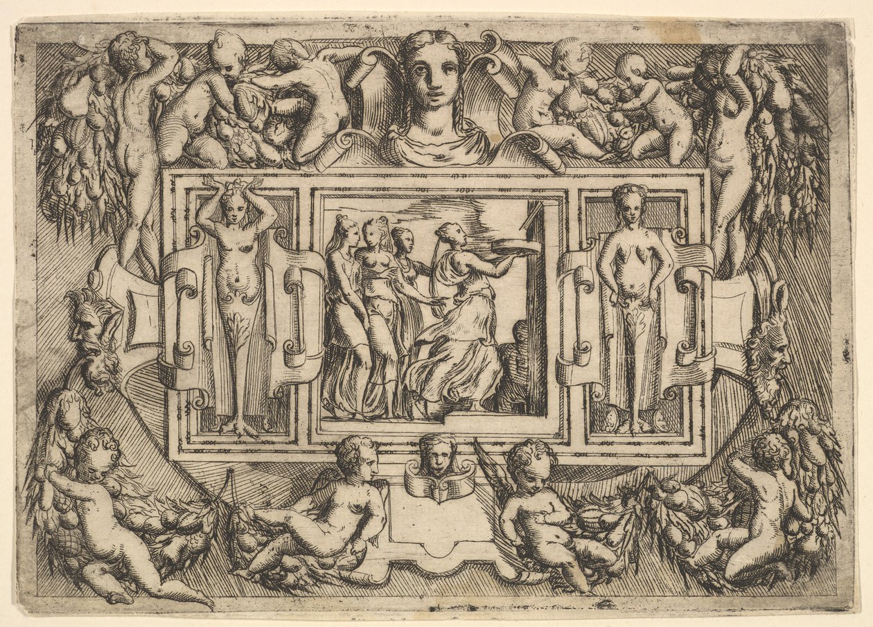 Die Kumeäische Sibylle geht nach rechts und trägt ein Tablett, gefolgt von drei Frauen von Battista del Moro