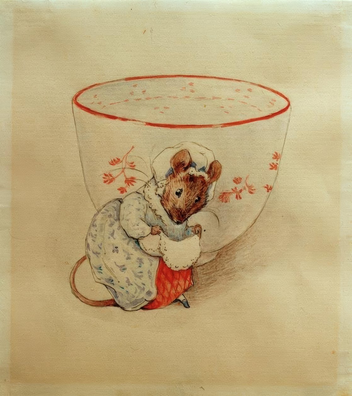 Frau Maus macht einen Knicks vor einer Teetasse von Beatrix Potter