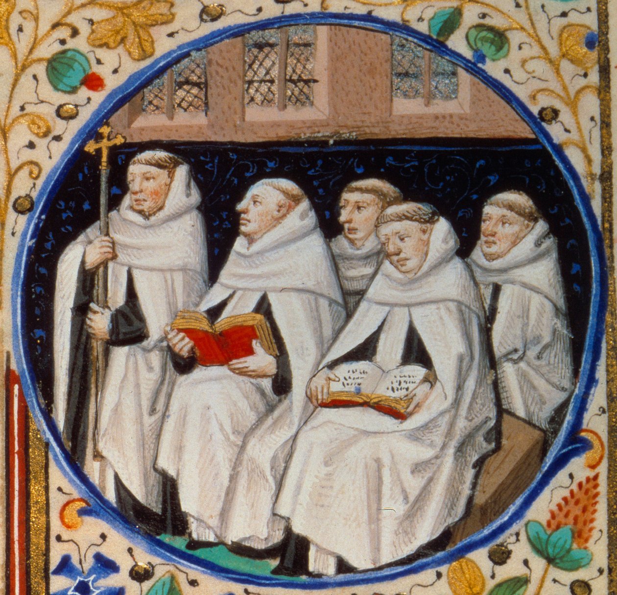 Szene aus dem klösterlichen Leben. Detail, das Mönche des Karmeliterordens darstellt. Miniatur aus dem 