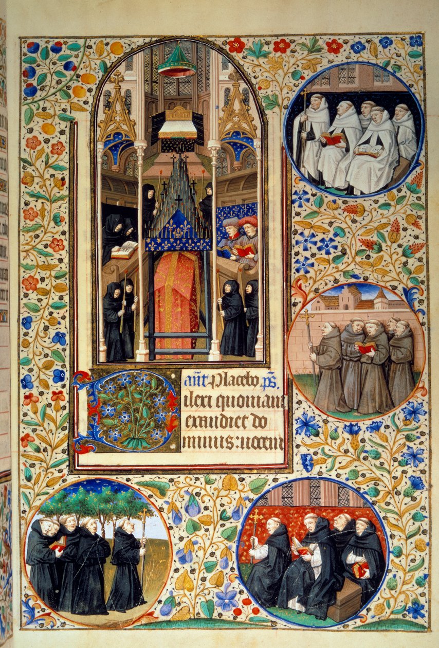Szene des klösterlichen Lebens. In den Medaillons, von oben nach unten, die Karmeliten, Franziskaner, Dominikaner, Augustiner (links). Miniatur aus „Stundenbuch nach dem Gebrauch von Paris“ illuminiert von der Werkstatt des Meisters von Bedford. 1450. Pari von Bedford Master Workshop