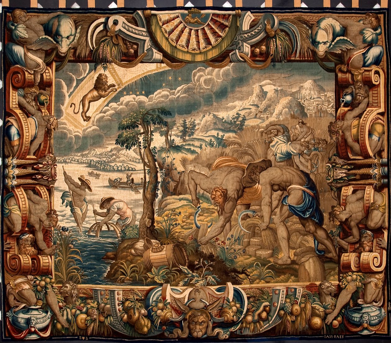 Monat August: „Die Ernte“ Wandteppich von Jan Raes (aktiv um 1610-1631) hergestellt in den Manufakturen von Brüssel. 17. Jahrhundert Genua, Musei di Strada Nuova von Belgian School