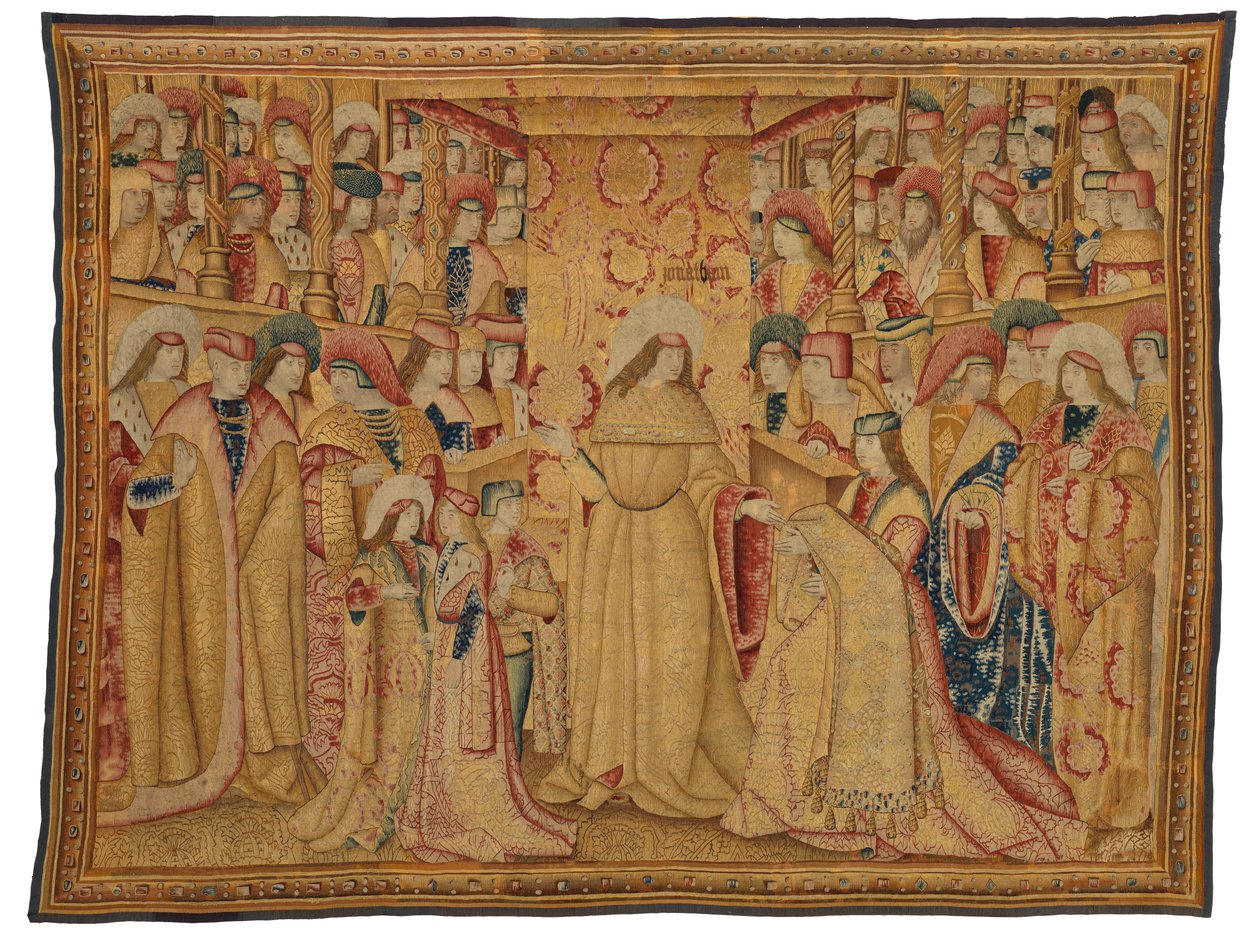 Wandteppich, Jonathan Makkabäus erhält ein Purpurgewand, hergestellt in Brüssel, Belgien, um 1490-1500 (Wolle & Seide) von Belgian School