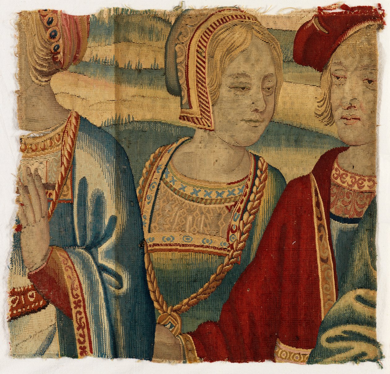 Wandteppichfragment, das einen Mann und eine Frau darstellt, möglicherweise in Brüssel, Belgien, frühes 16. Jahrhundert von Belgian School