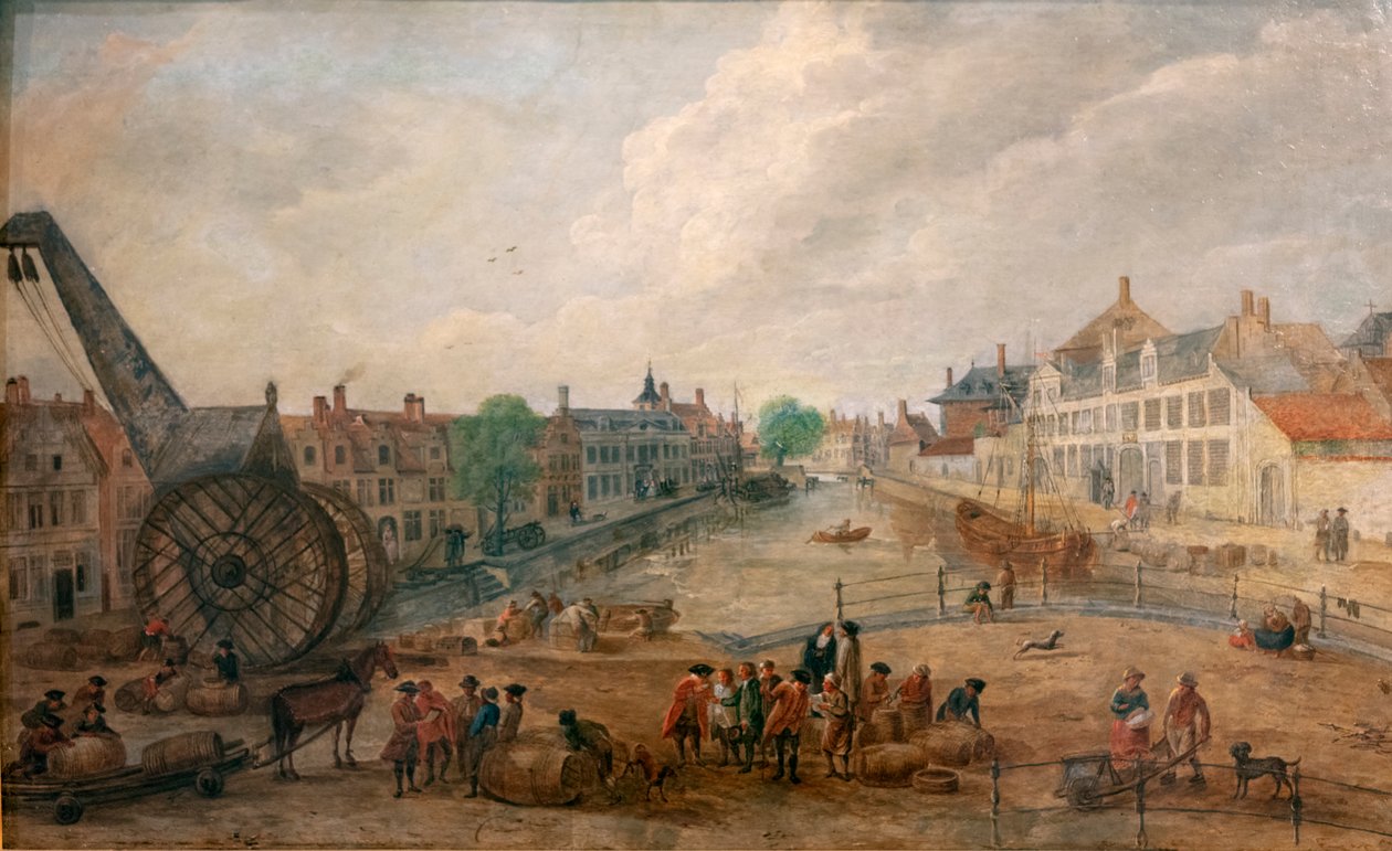 Ansicht von Gent Lievekaai und Augustijnenkaai mit einem Holzkraan, Kopie eines Gemäldes aus dem 18. Jahrhundert von Engelbert van Siclers von Belgian School