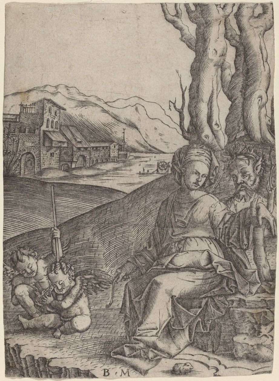Frau und Satyr mit zwei Cupidos von Benedetto Montagna