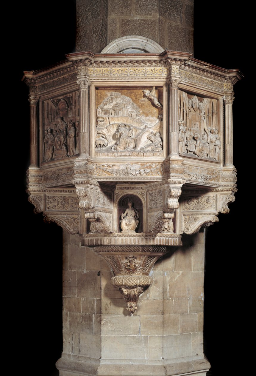 Marmorkanzel mit Geschichte des hl. Franziskus von Benedetto da Maiano