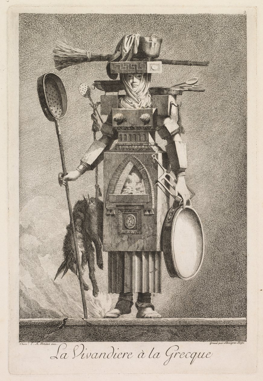 Maskerade à la Grecque: Die Marketenderin à la Grecque (Tafel 2, 1771) von Benigno Bossi