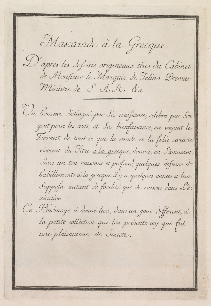 Mascarade à la Grecque: Titelseite Tafel 1, 1771 von Benigno Bossi