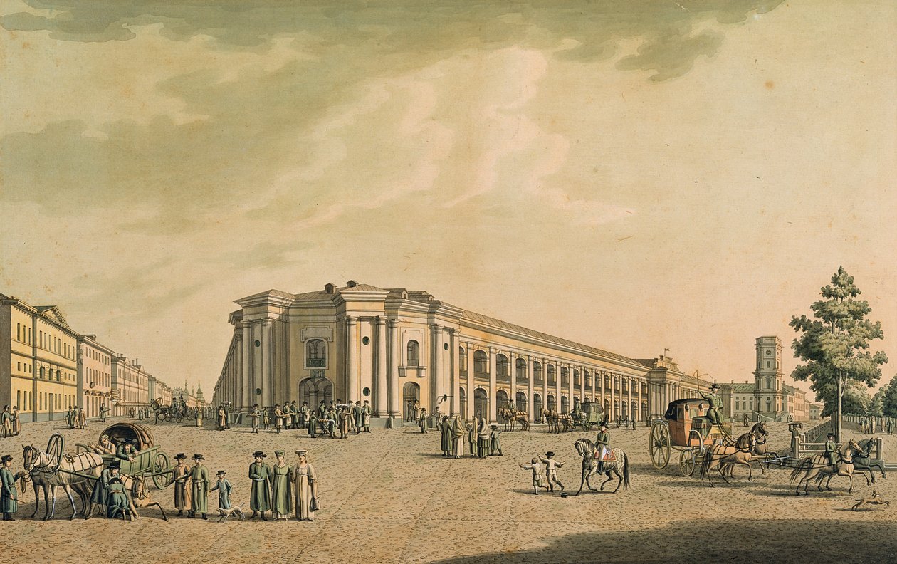 Ansicht der russischen Geschäfte am Newski-Prospekt, mit dem Haus der Duma, St. Petersburg, 1802 (Gravur) von Benjamin Patersson