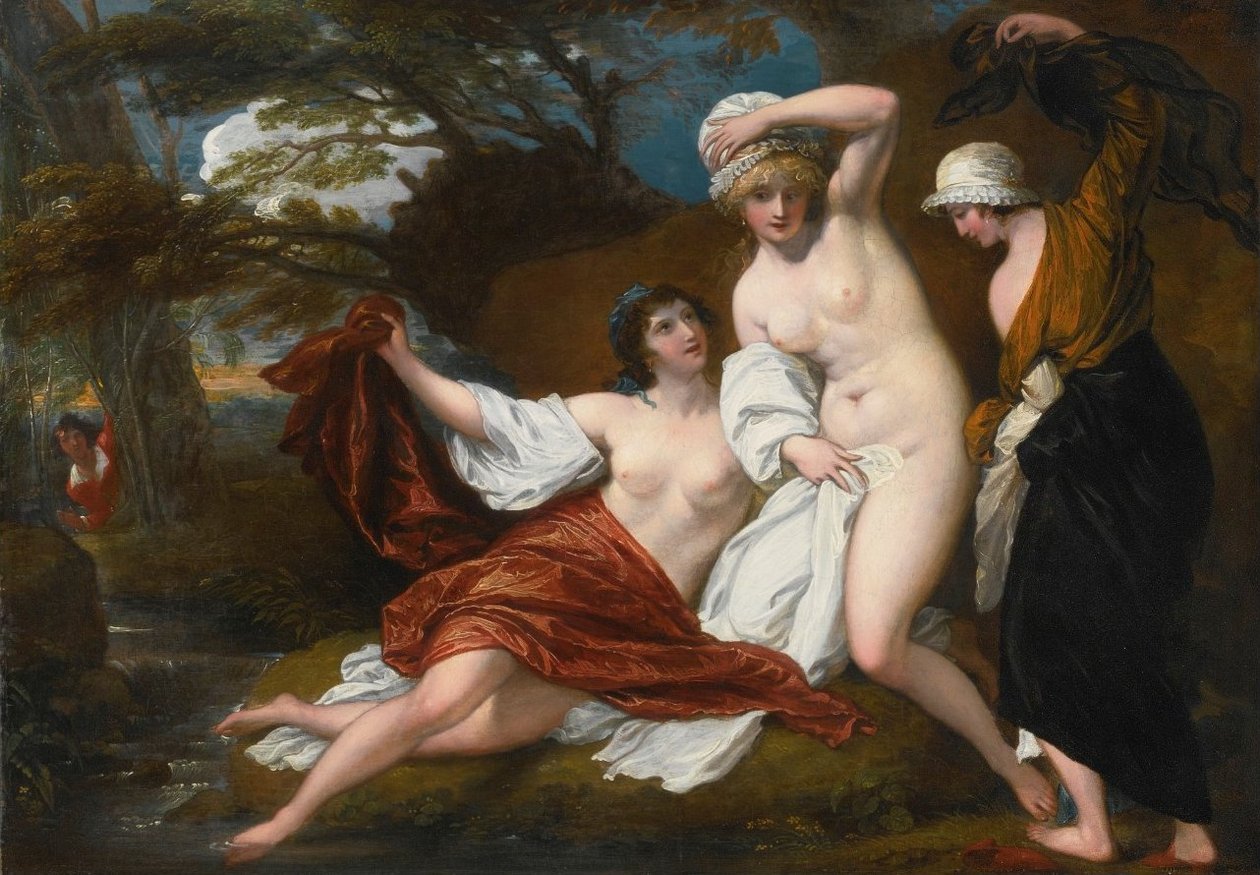 Musidora und ihre zwei Begleiterinnen, Sacharissa und Amoret, beim Bad von Damon beobachtet von Benjamin West