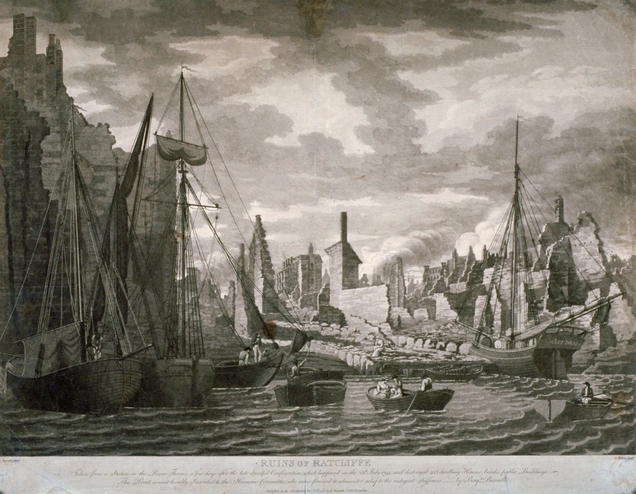 Ansicht des Ratcliffe-Gebiets, London, zeigt die Ruinen nach dem Brand vom 23. Juli 1794 von Benjamin Burnell