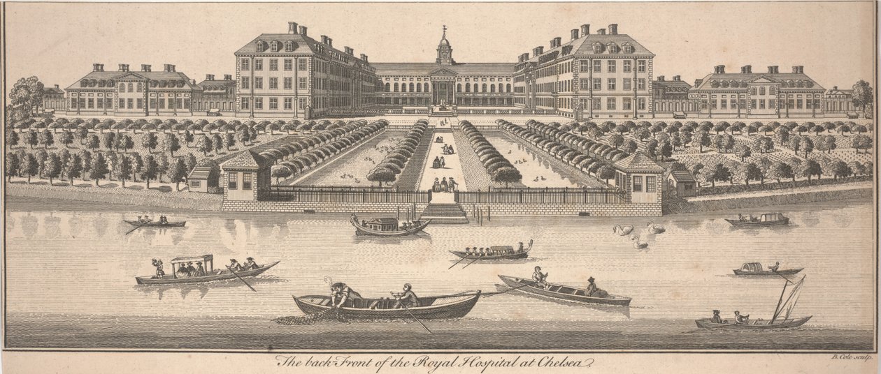 Die Rückseite des Royal Hospital in Chelsea, veröffentlicht 1756 von Benjamin Cole