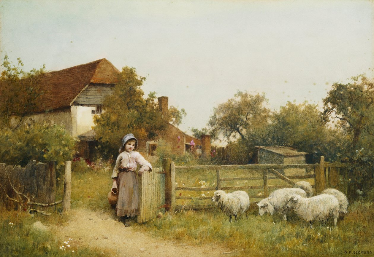 Junges Mädchen mit Schafen, bei einem Cottage von Benjamin D. Sigmund