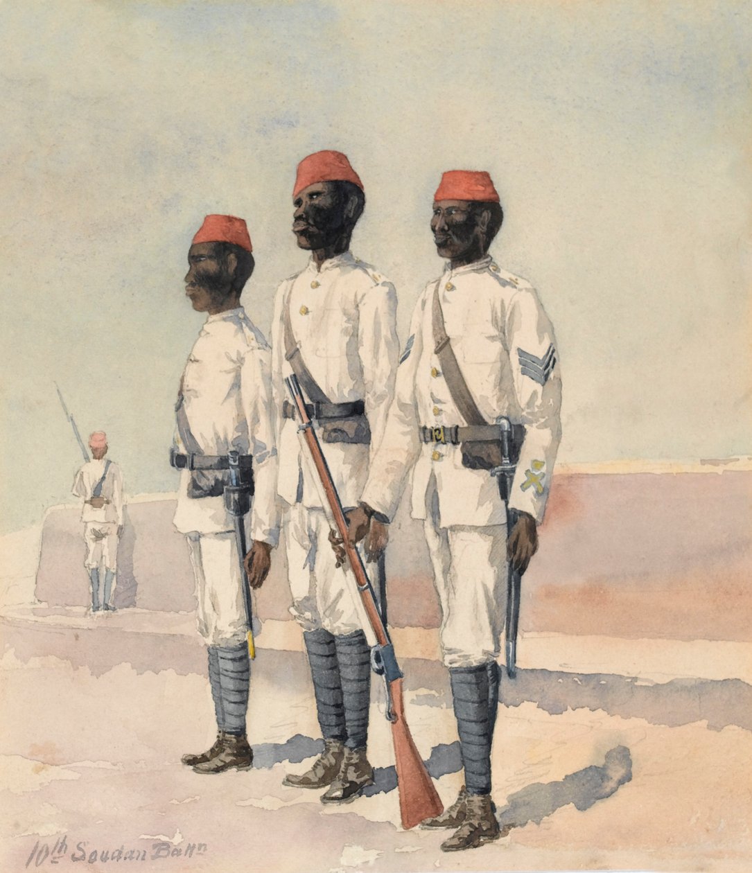 Sergeant und zwei andere Ränge vom 10. Sudanesen-Bataillon, ca. 1889 von Benjamin Donisthorpe Alsop Donne