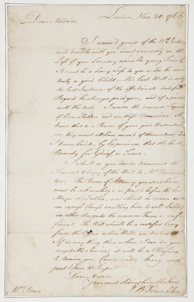 Autographenbrief an Mrs. Ann Penn, London, 20. November 1766 von Benjamin Franklin