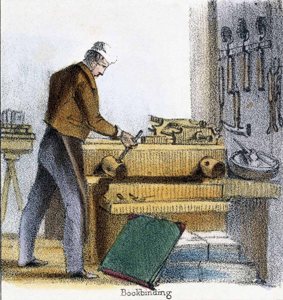 Der Buchbinder, aus Der Junge, Kuh und Kalb in Grafische Illustrationen von Tieren - Ihre Nützlichkeit für den Menschen während ihres Lebens und ihre Verwendung nach dem Tod, ca. 1845 von Benjamin Waterhouse Hawkins