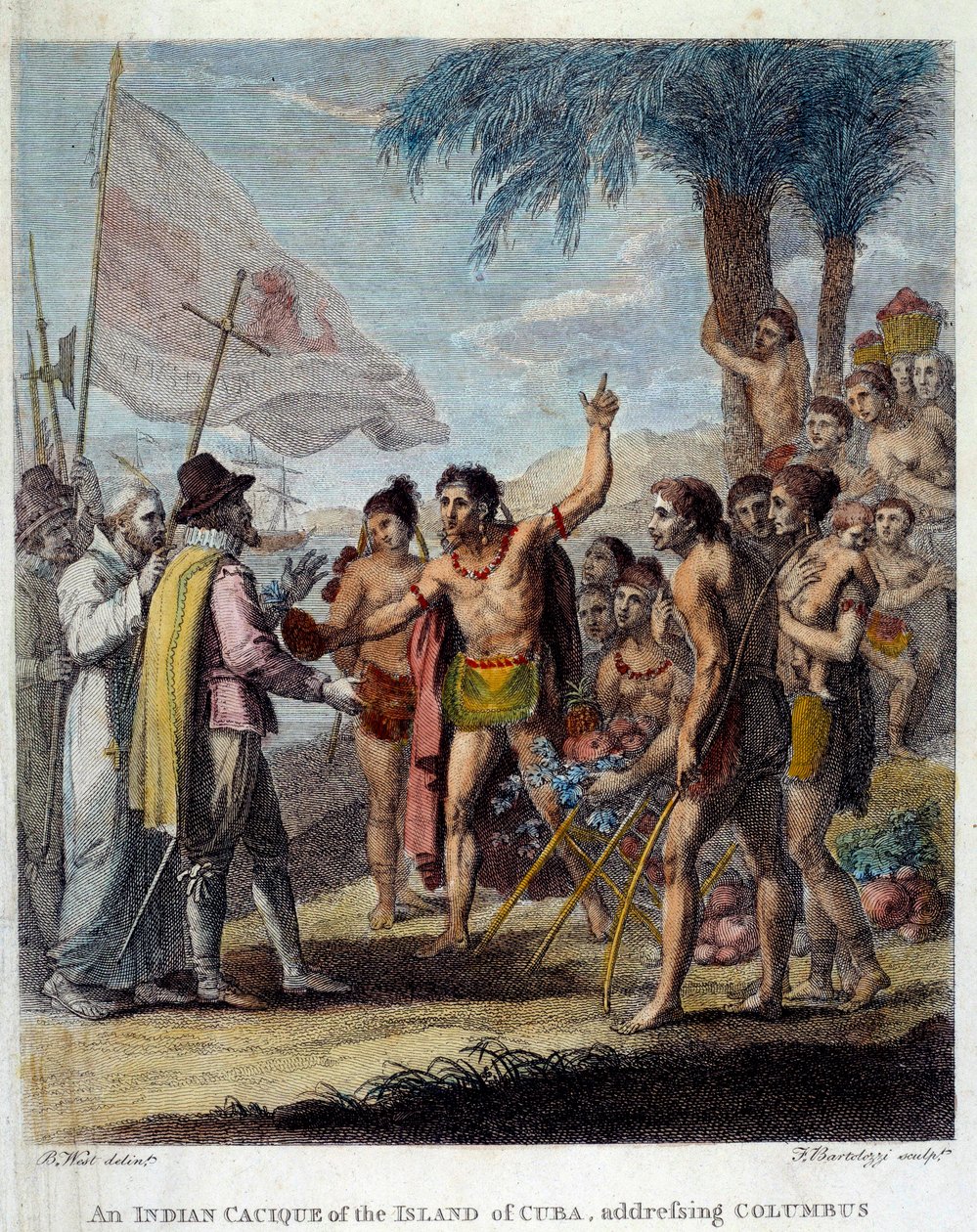 Ein indianischer Kazike von der Insel Kuba begrüßt Christoph Kolumbus und europäische Vertreter von Benjamin West