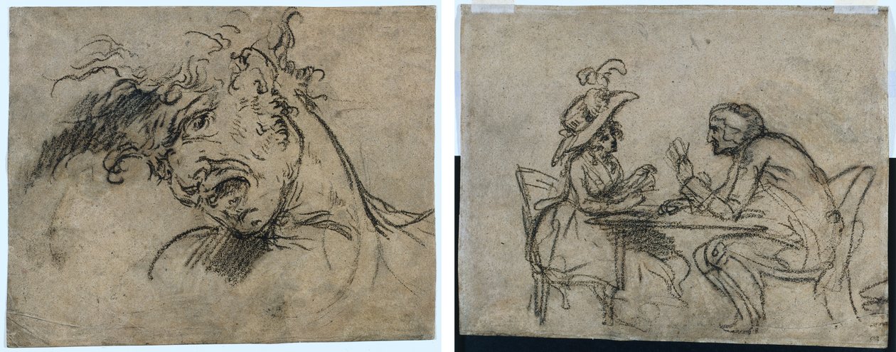 Kopf eines schreienden Mannes (recto) Frau und Mann beim Kartenspielen (verso) von Benjamin West