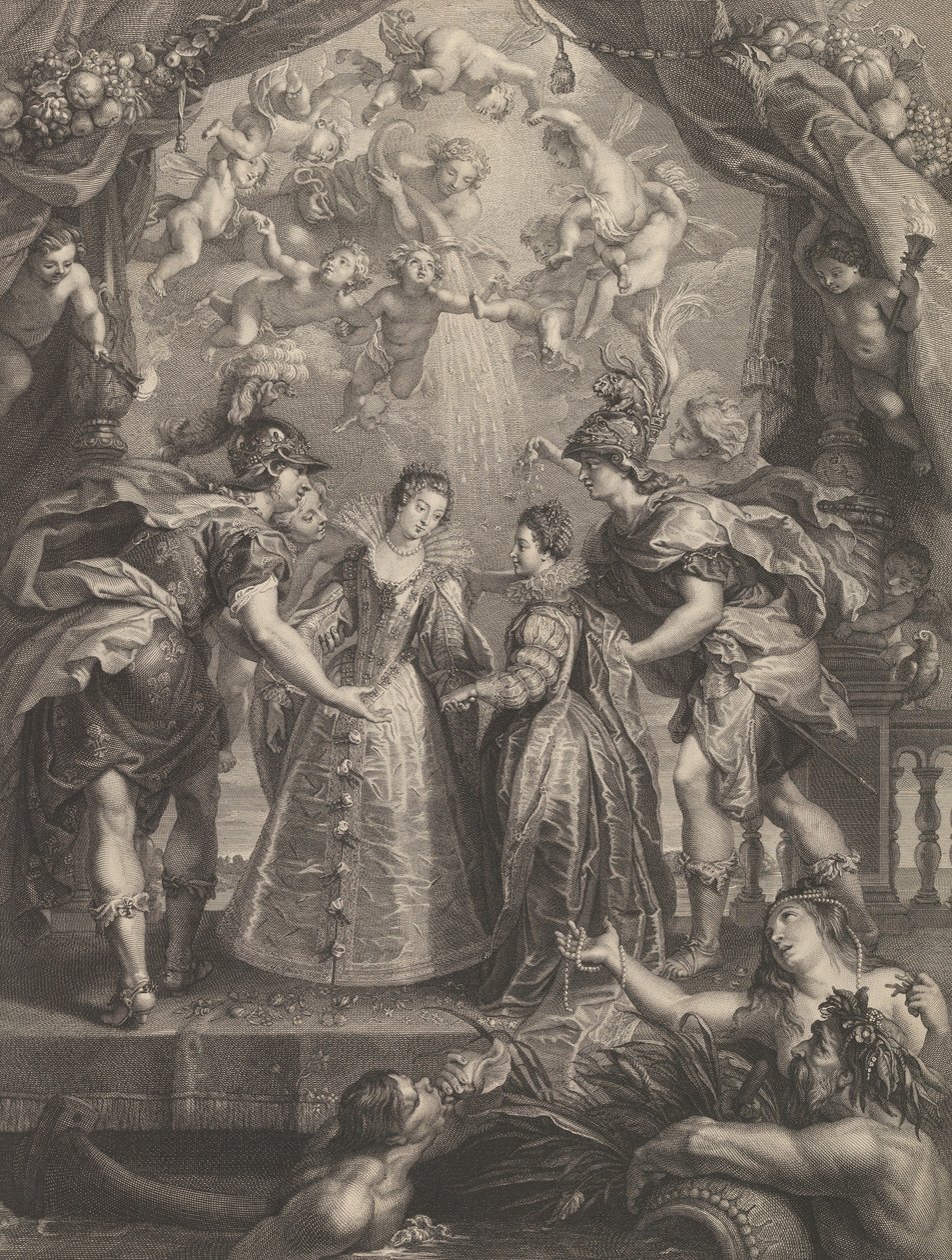 Tafel 17: Der Austausch der beiden Prinzessinnen in Hendaye, allegorische Szene mit Anne von Benoit Audran I