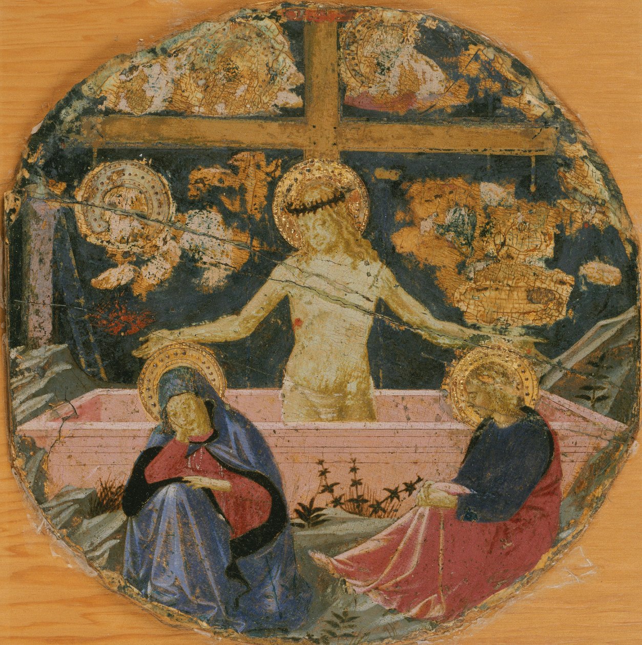 Der Mann der Schmerzen mit der trauernden Jungfrau, dem heiligen Johannes dem Evangelisten und Symbolen der Passion, um 1447 von Benozzo Gozzoli