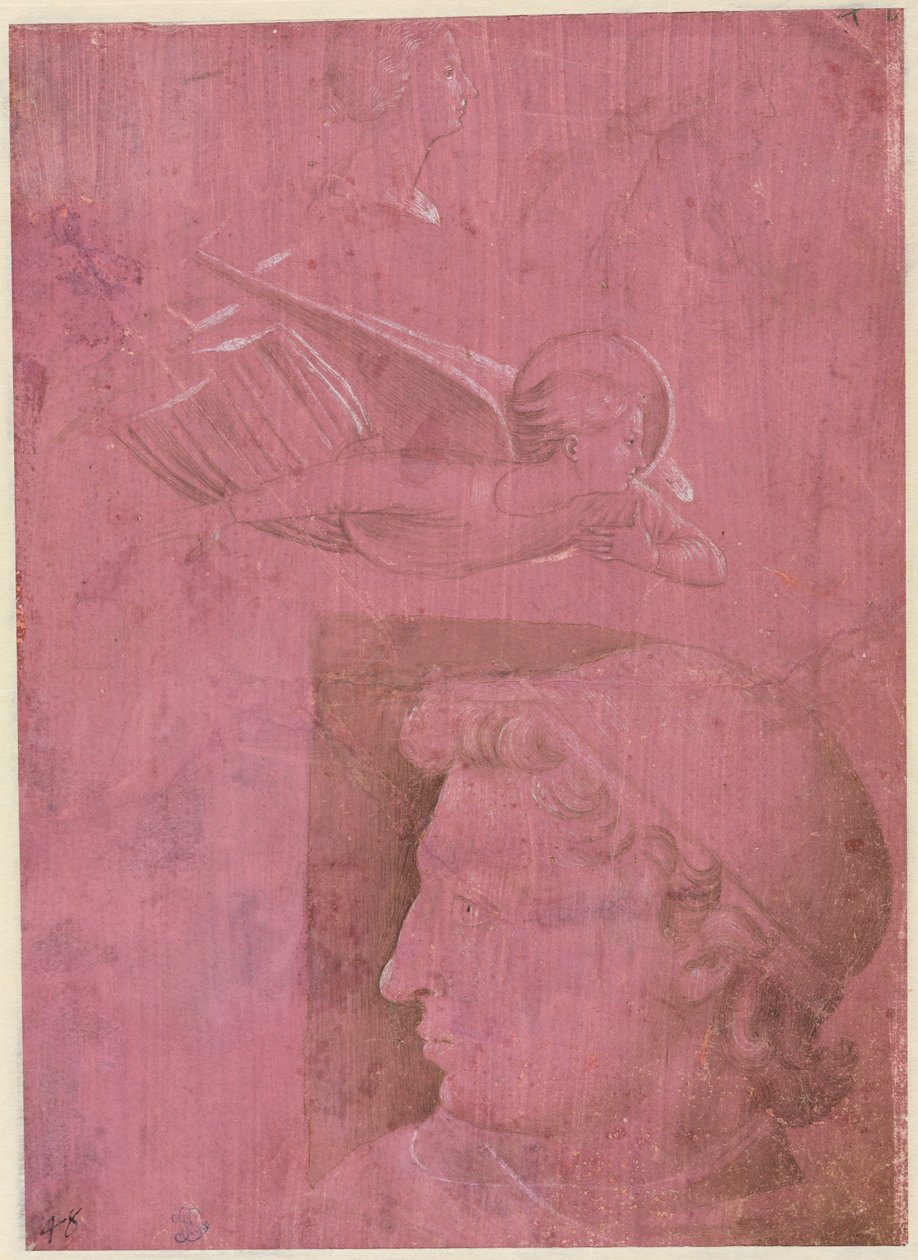 Kopf eines Mannes, zwei Studien eines Frauenprofils und eine Studie eines Engels verso, ca. 1458 von Benozzo Gozzoli