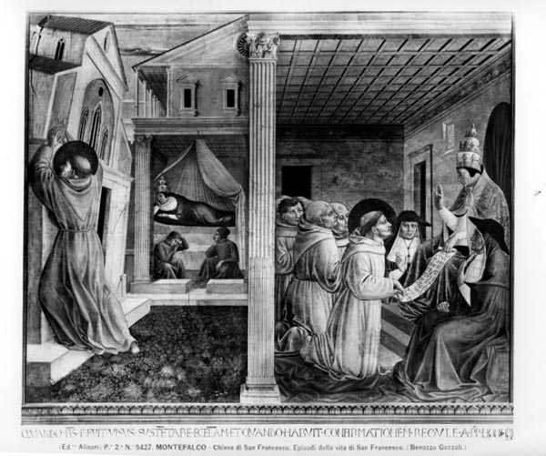 Papst Innozenz III. genehmigt die Regel (Fresko) (s/w Foto) von Benozzo di Lese di Sandro Gozzoli